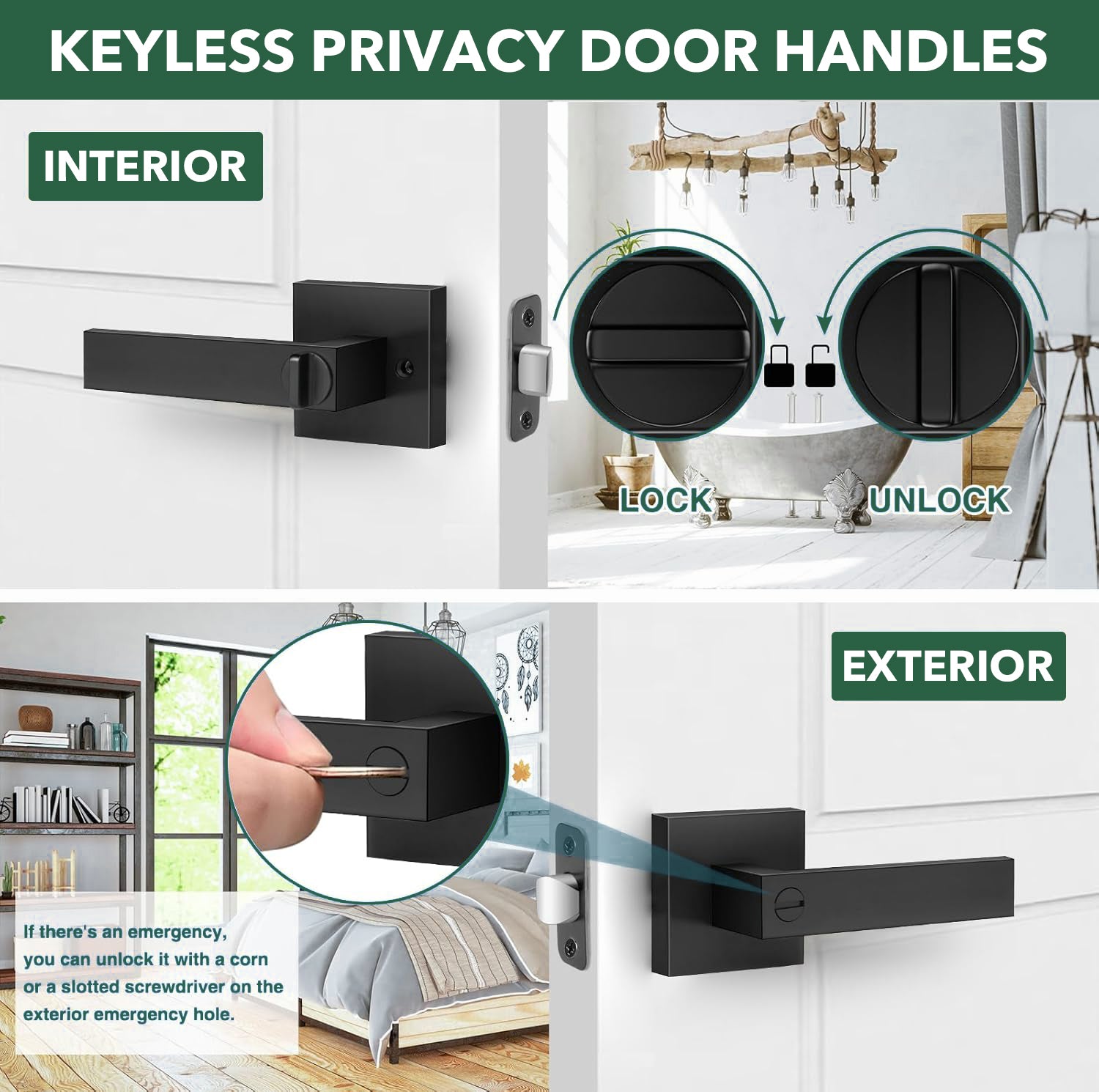 Matte Black Modern Privacy Door Handle with Lock
